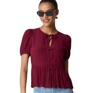 J.Crew Burgundy Tie-Front Peplum Top Puff Sleeve Crepe Blouse CM979 Size 8 NEW